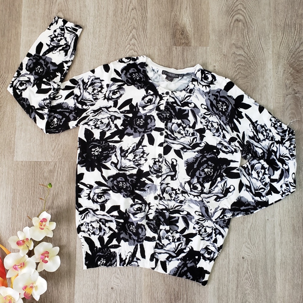 Covington | Women's Black & White Floral Cardigan
